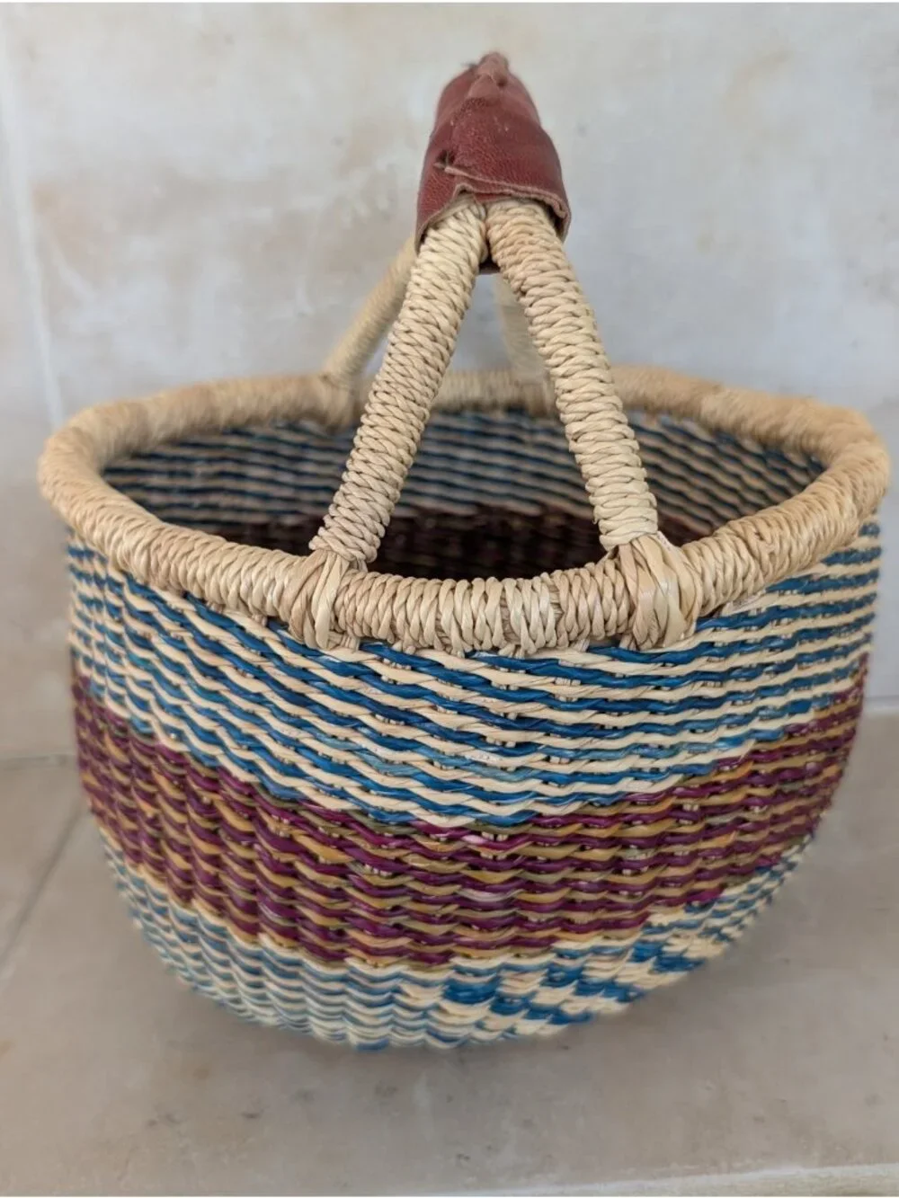 Unique Handwoven African Bolga Basket Leather Handle Multicolor